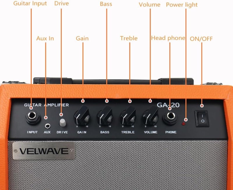 VELWAVE Electric Guitar Amplifier 20W Orange Portable Smart amp 6.5'' Speaker 6.5mm Input 3.5mm aux Drive gain bass Treble Volume and Headphone Jack Practice amp - Image 2